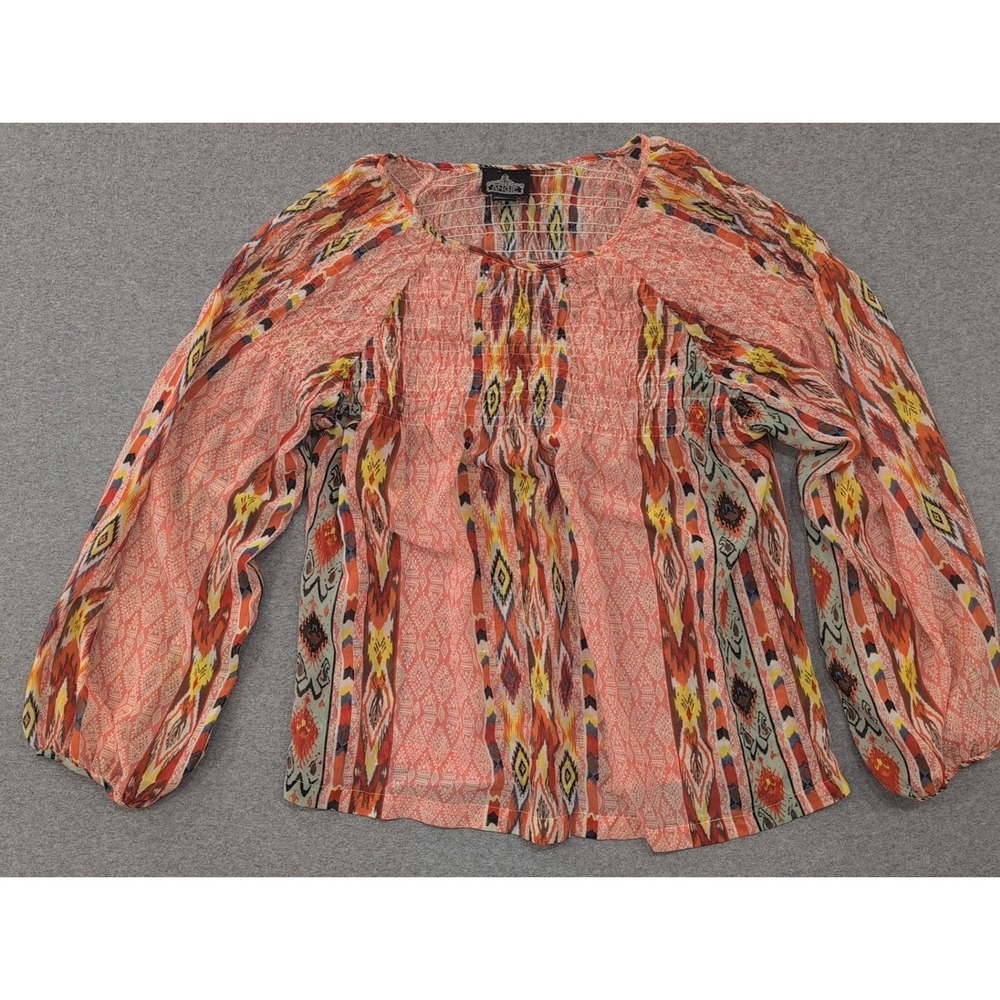 Angie Womens Blouse Top XL Extra Large Boho Print Smocked Long Sleeve - Picture 1 of 4